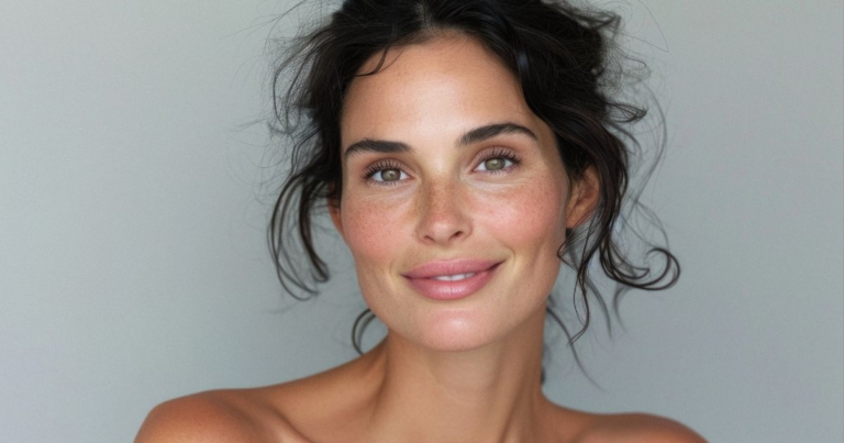 Close-up portrait of a woman with radiant skin and a natural, youthful appearance.