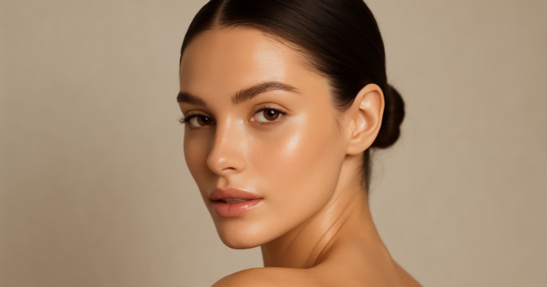 Close-up portrait of a woman with smooth skin and a defined jawline.